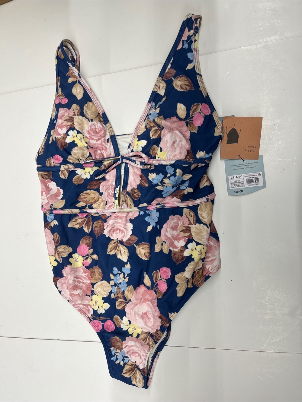 Shade & Shore Navy Floral One-Piece Swimsuit with Pink Roses women’s size large